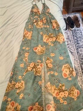 Sage Green Floral Halter Maxi Dress
